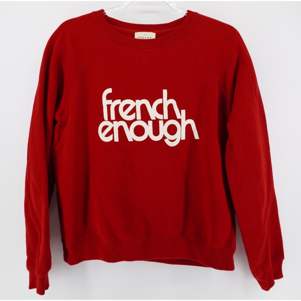 Sezane French Enough Red Organic Cotton Graphic Sweatshirt Medium Cozy Luxury